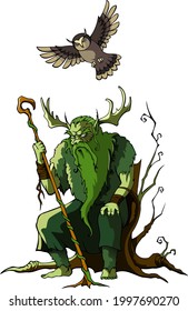 Wood Goblin and the owl, isolated vector illustration