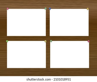 Placa de grano de madera con papel de nota horizontal y papel de copia pinchado