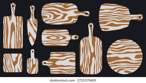 Conjunto de vetor de placa de corte de grãos de madeira, Ilustração de placa de cozinha rústica