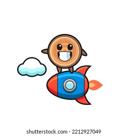 wood grain mascot character riding a rocket , cute design