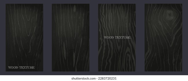 Wood grain patterns. Oak background. Black hardwood board surface. Dark wooden carpentry structure. Old nature lumber. Natural material. Timber texture banners set. Vector abstract wall svg