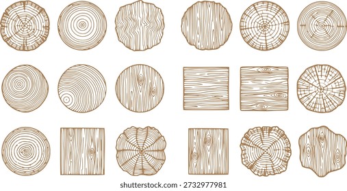Patrones de grano de madera, secciones transversales de árboles, losas de madera aisladas sobre fondo transparente