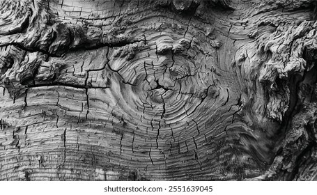 Wood grain texture of old tree stump with cracks. Wood texture. Background made of a closeup of an old tree trunk. 
