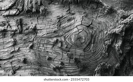 Wood grain texture of old tree stump with cracks. Wood texture. Background made of a closeup of an old tree trunk. 
