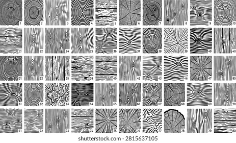Wood grain texture sketch vector patterns set with organic rings knots timber bark and rustic engraved surface background designs