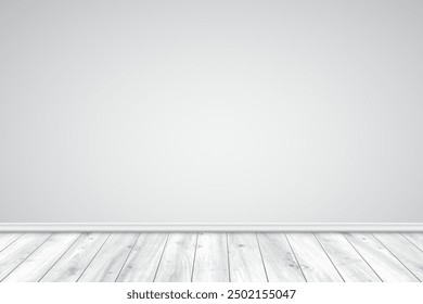 Wood gray floor with gray wall background. Wooden natural light floor realistic vector illustration. Modern design element for product presentation. Empty interior of living room.