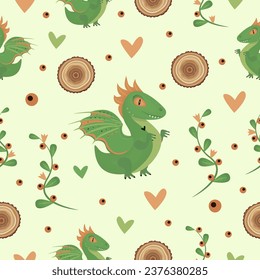 Wood green dragon seamless pattern, color vector background