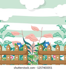 wood grillage and flowers with plant branches leaves