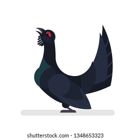 Wood grouse or capercaillie. Forest fauna. Wild animal with dark feather. Side view of the bird. Isolated vector illustration in cartoon style
