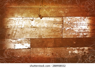 Wood  grunge texture with  framed flowers . Vector background. 