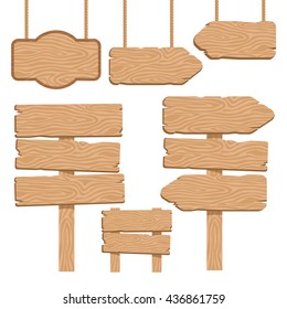 Wood guidepost decorative icons set with hanging and terrestrial signboards of sand color isolated vector illustration