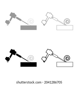 Wood hammer with chisel using treatment surface shavings use arm Woodworking tool Workshop planer set icon grey black color vector illustration flat style image