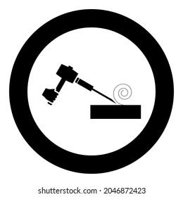 Wood hammer with chisel using treatment surface shavings use arm Woodworking tool Workshop planer icon in circle round black color vector illustration solid outline style image
