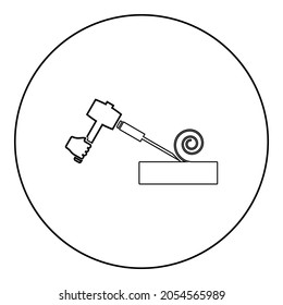 Wood hammer with chisel using treatment surface shavings use arm Woodworking tool Workshop planer icon in circle round black color vector illustration solid outline style simple image