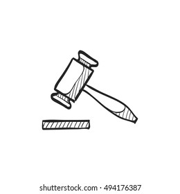 Wood hammer icon in doodle sketch lines. Law justice judge auction bidder