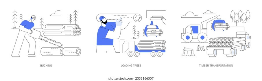 Abstraktes Konzept der Holzernte, Vektorgrafik-Set. Baumstampfen, Sägeschnitt auf transportable Länge, Verladung von Bäumen auf Holzstapler, Holztransport abstrakte Metapher.