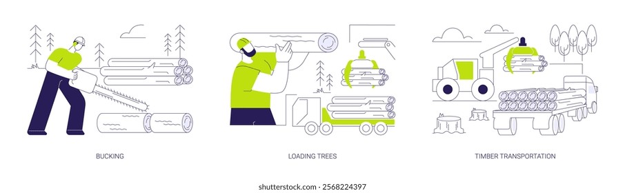 Wood harvesting abstract concept vector illustration set. Tree-stem bucking, saw sectioning to transportable length, loading trees to wood truck, timber transportation abstract metaphor.