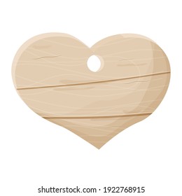 Wood heart shape detailed, empty blank, frame in cartoon style isolated on white background stock vector illustration. Vintage, romantic design.