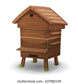 Wood Hive For Bees/
Illustration of a cartoon wooden beehive, for beekeeping agriculture