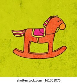 Wood Horse Toy. Cute Hand Drawn Vector illustration, Vintage Paper Texture Background