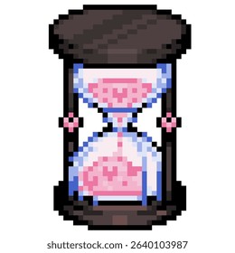Wood hourglass with pink sand in the glass and dark wood dripping for one hour time vector pixel art for element, icon, game, sticker