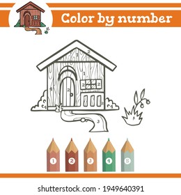 Wood house Color by numbers. Coloring page for preschool children. Learn numbers for kindergartens and schools. Educational game.