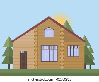 Wood house facade in the forrest. Vector illustration sunset backgrounds