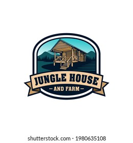 wood house and farm landscape logo design