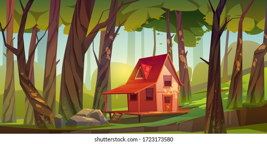 Wood house in forest or garden. Forester shack. Vector cartoon summer landscape of wooden village, cottage or farmhouse with porch, green lawn, big trees and sun light