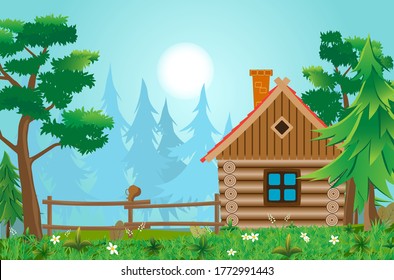 Wood house in forest or garden. Forester shack. Vector