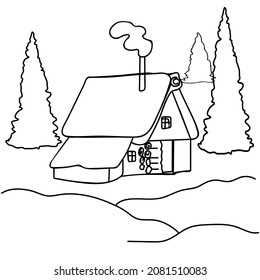 Wood house in forest isolated on white background. One line hand drawn illustration.