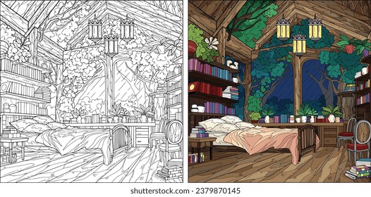 Wood house in forest with library and plants