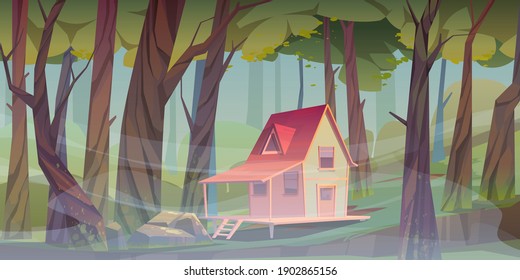 Wood house in forest with morning fog. Forester shack. Vector cartoon summer landscape of wooden village, cottage or farmhouse with porch, green lawn, big trees and mist