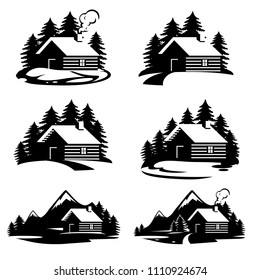 Wood house in the hill  icons vector.