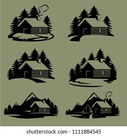 Wood house in the hill  icons vector.