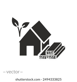 wood house with log lumber icon, eco clean home, timber stack, wooden building material, flat vector illustration