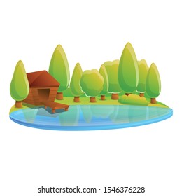 Wood house on lake icon. Cartoon of wood house on lake vector icon for web design isolated on white background