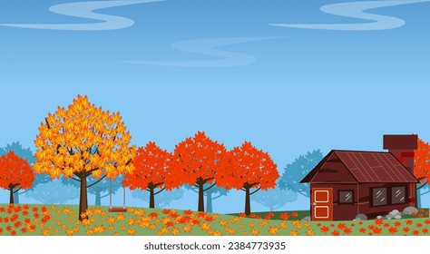 Wood House surrounded by the maples forest,bright sky in the autumn background 