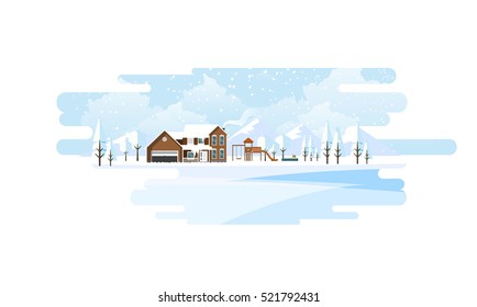 Wood House in Winter Landscape Background.  Flat Vector Design Illustration
