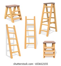Wood household steps  Isolated wooden ladder vector set  Wooden ladder construction  stepladder illustration set