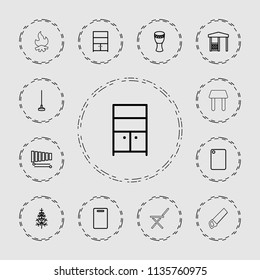 Wood icon. collection of 13 wood outline icons such as cutting board, wardrobe, hoe, pine-tree, gazebo, xylophone, cupboard, drum. editable wood icons for web and mobile.