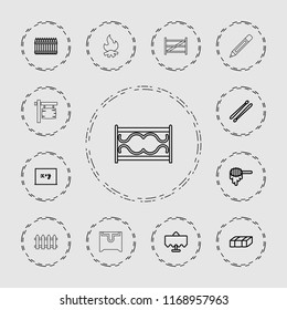 Wood icon. collection of 13 wood outline icons such as garden bench, honey, restaurant table, blackboard x+y, drum stick, fence. editable wood icons for web and mobile.