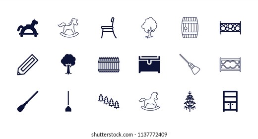 Wood icon. collection of 18 wood filled and outline icons such as mop, wardrobe, chest, toy horse, tree, pine tree, pencil, pine-tree. editable wood icons for web and mobile.