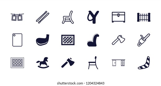 Wood icon. collection of 18 wood filled and outline icons such as fence, boomerang, sligshot, chair, golf stick, chest, axe, chain saw. editable wood icons for web and mobile.