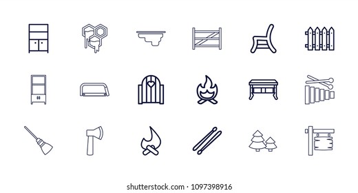 Wood icon. collection of 18 wood outline icons such as wardrobe, office desk, bonfire, gate, fence, outdoor chair, drum stick, honey. editable wood icons for web and mobile.