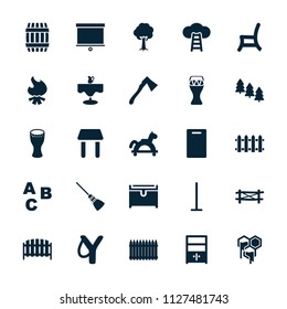 Wood icon. collection of 25 wood filled icons such as fence, barrel, pine tree, cutting board, mop, chest, abc, sligshot, toy horse. editable wood icons for web and mobile.