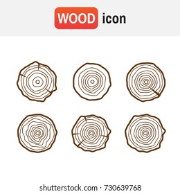 Wood icon logs. Tree rings icons, concept of saw cut runk