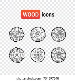 Wood icon logs. Tree rings icons, concept of saw cut runk