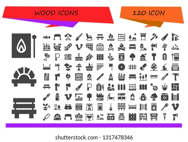 wood icon set. 120 filled wood icons.  Simple modern icons about  - Match, Bench, Dumpling, Wood, Saw, Picnic table, Broomstick, Rocking chair, Table, Bonfire, Abacus, Park, Nightstand