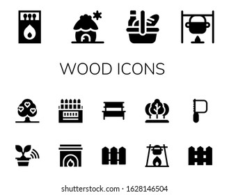 wood icon set. 14 filled wood icons.  Simple modern icons such as: Matches, Cabin, Picnic, Bonfire, Tree, Fireplace, Colored pencils, Fence, Bench, Saw